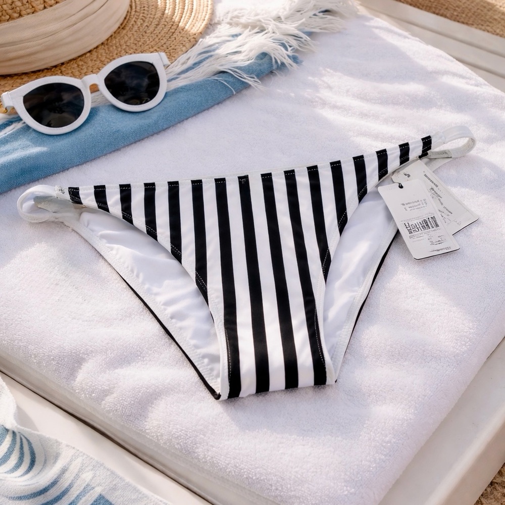 NWT Heidi Klein Black and White Vertical Stripe bikini bottom Sz XL